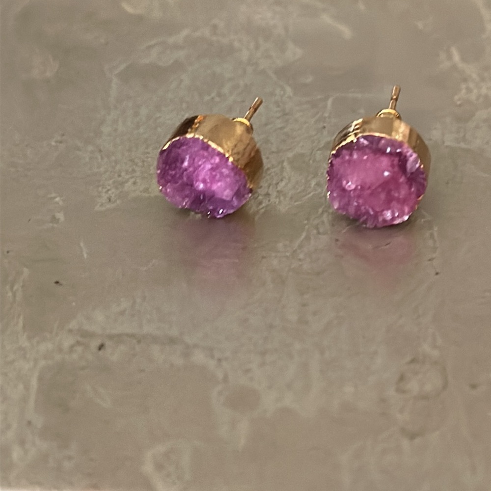 pink druzy round rough irregular dimensional gold plate pierced earrings